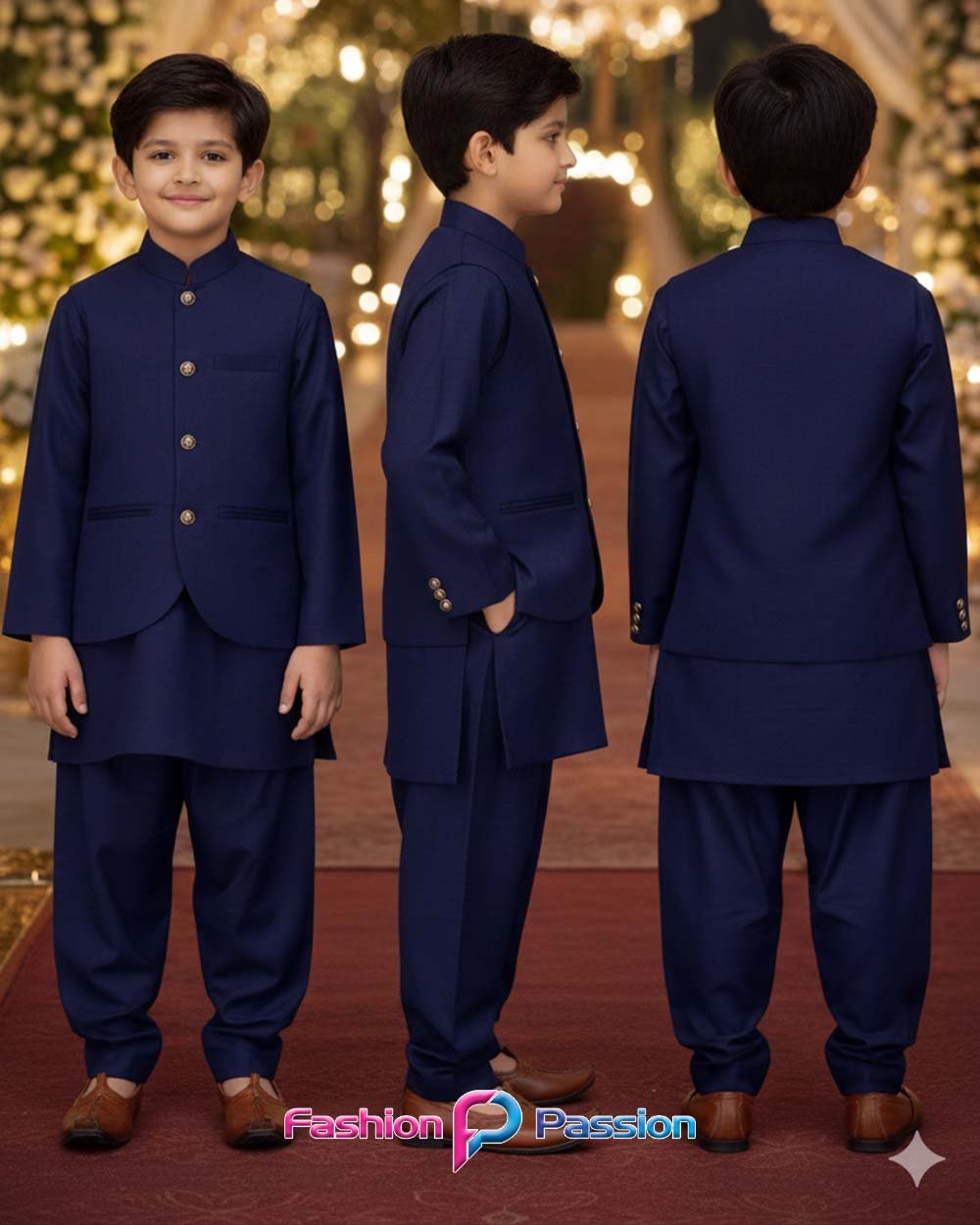 Kids Waistcoat Set Navy Blue – front, side and back views