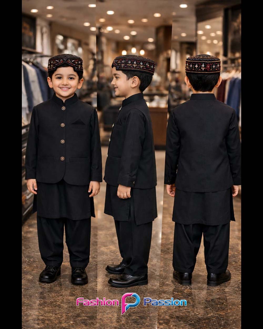 Kids Waistcoat Set Black – front, side and back views traditional boys outfit