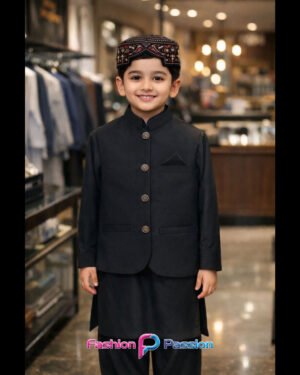 Front view of Kids Waistcoat Set Black traditional outfit for boys