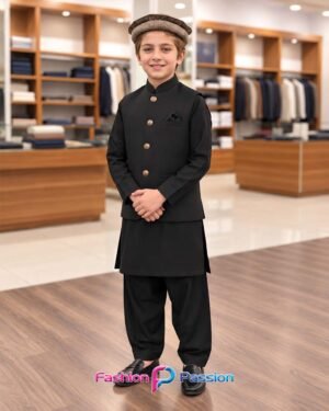 Black Kids Waistcoat Set for Boys with Gold-Tone Buttons – Front View | Fashion Passion
