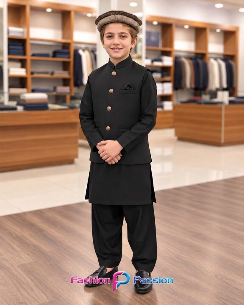 Black Kids Waistcoat Set for Boys with Gold-Tone Buttons – Front View | Fashion Passion