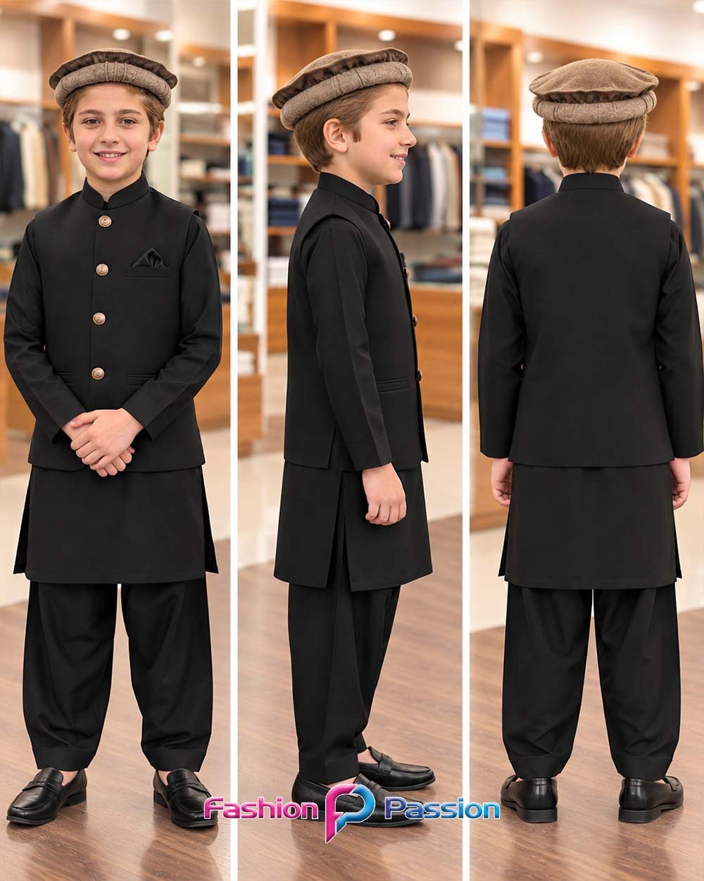 Black Kids Waistcoat Set for Boys – Front, Side and Back Views | Fashion Passion