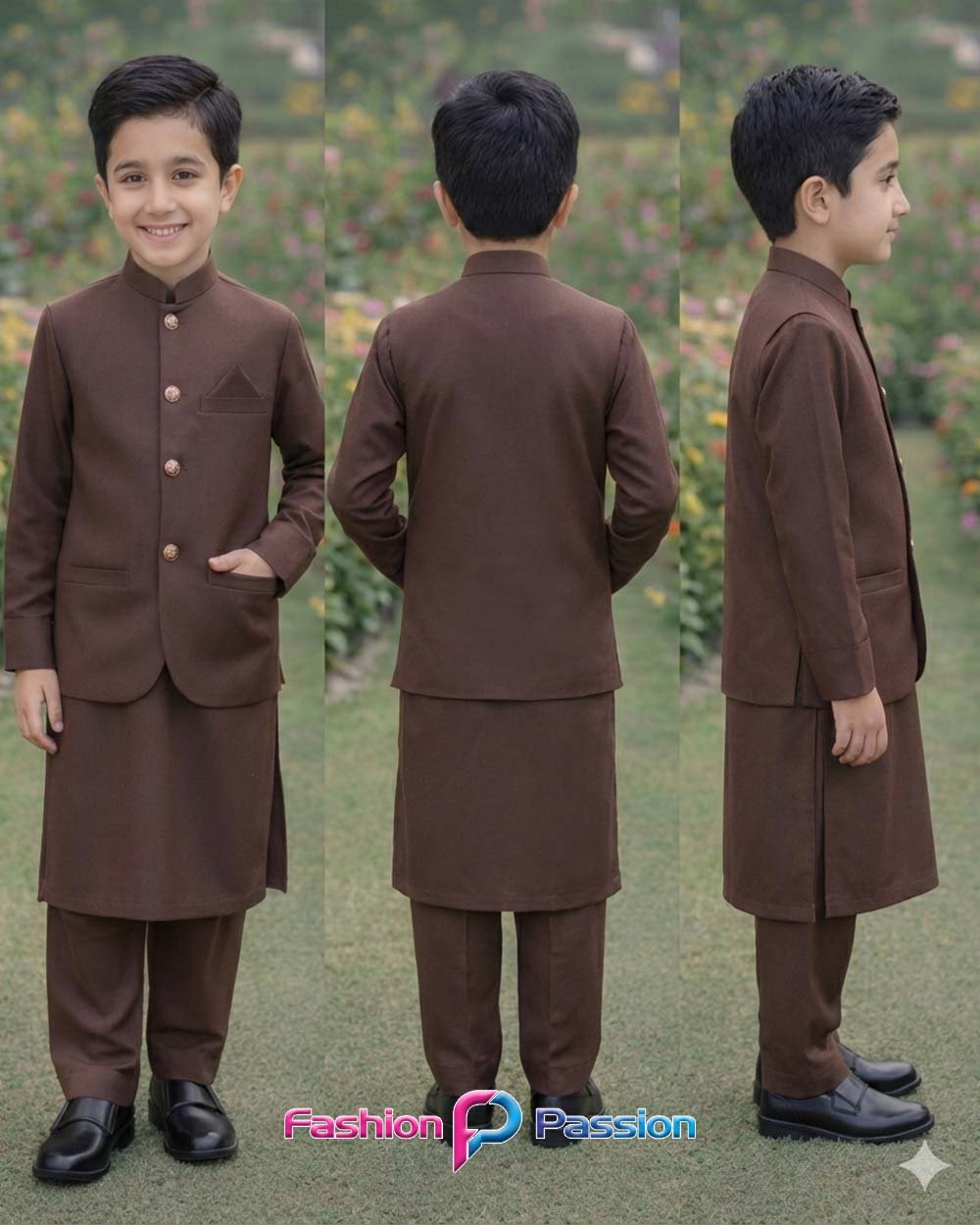 Front back and side view of Kids Waistcoat Set Chocolate Brown for boys