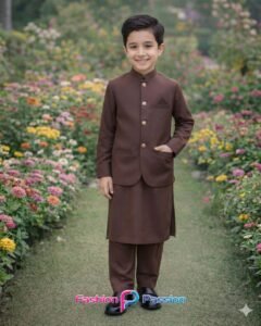 Kids chocolate brown waistcoat set for weddings and Eid