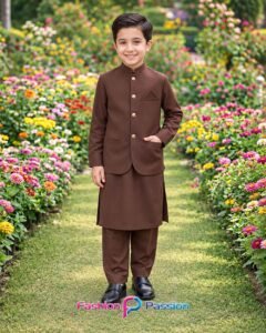 Chocolate Brown Kids Waistcoat Set for Boys with Matching Kurta Shalwar – Front View | Fashion Passion