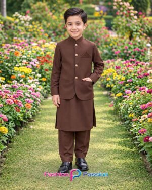 Chocolate Brown Kids Waistcoat Set for Boys with Matching Kurta Shalwar – Front View | Fashion Passion