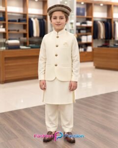 Cream Kids Waistcoat Set for Boys with Matching Kurta Shalwar – Full Front View | Fashion Passion