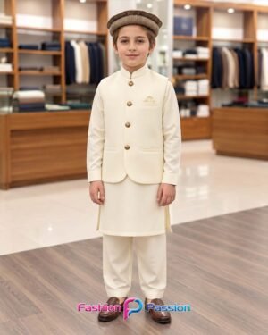 Cream Kids Waistcoat Set for Boys with Matching Kurta Shalwar – Full Front View | Fashion Passion