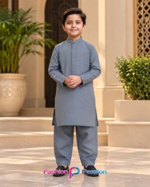 Silver Gray Kids Kurta Shalwar for Boys – Front View | Fashion Passion