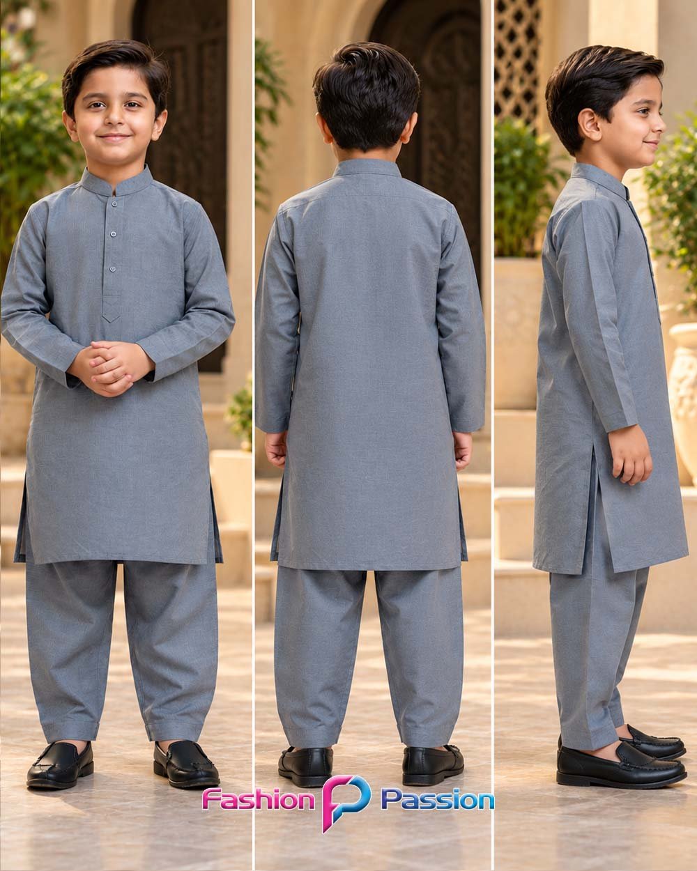 Silver Gray Kids Kurta Shalwar for Boys – Front, Back and Side Views | Fashion Passion