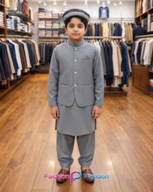 Metal Gray Kids Waistcoat Set for Boys with Matching Kurta Shalwar – Full Front View | Fashion Passion