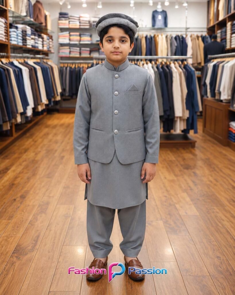 Metal Gray Kids Waistcoat Set for Boys with Matching Kurta Shalwar – Full Front View | Fashion Passion