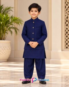 Navy Blue Kids Waistcoat Set for Boys – Front View | Fashion Passion