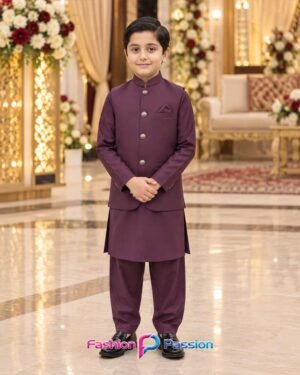 Purple Kids Waistcoat Set for Boys with Matching Kurta Shalwar – Full Front View | Fashion Passion