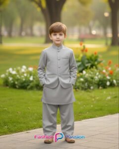 Front view of Kids Waistcoat Set Silver Gray