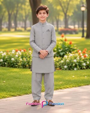 Silver Gray Kids Waistcoat Set for Boys with Matching Kurta Shalwar – Full Front View | Fashion Passion