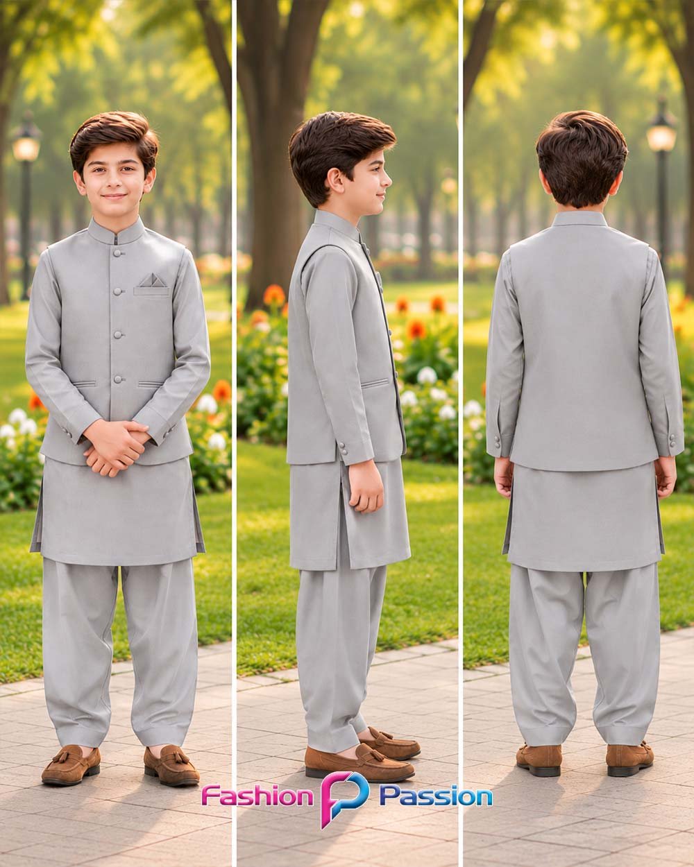 Silver Gray Kids Waistcoat Set for Boys with Matching Kurta Shalwar – Front, Side and Back Views | Fashion Passion