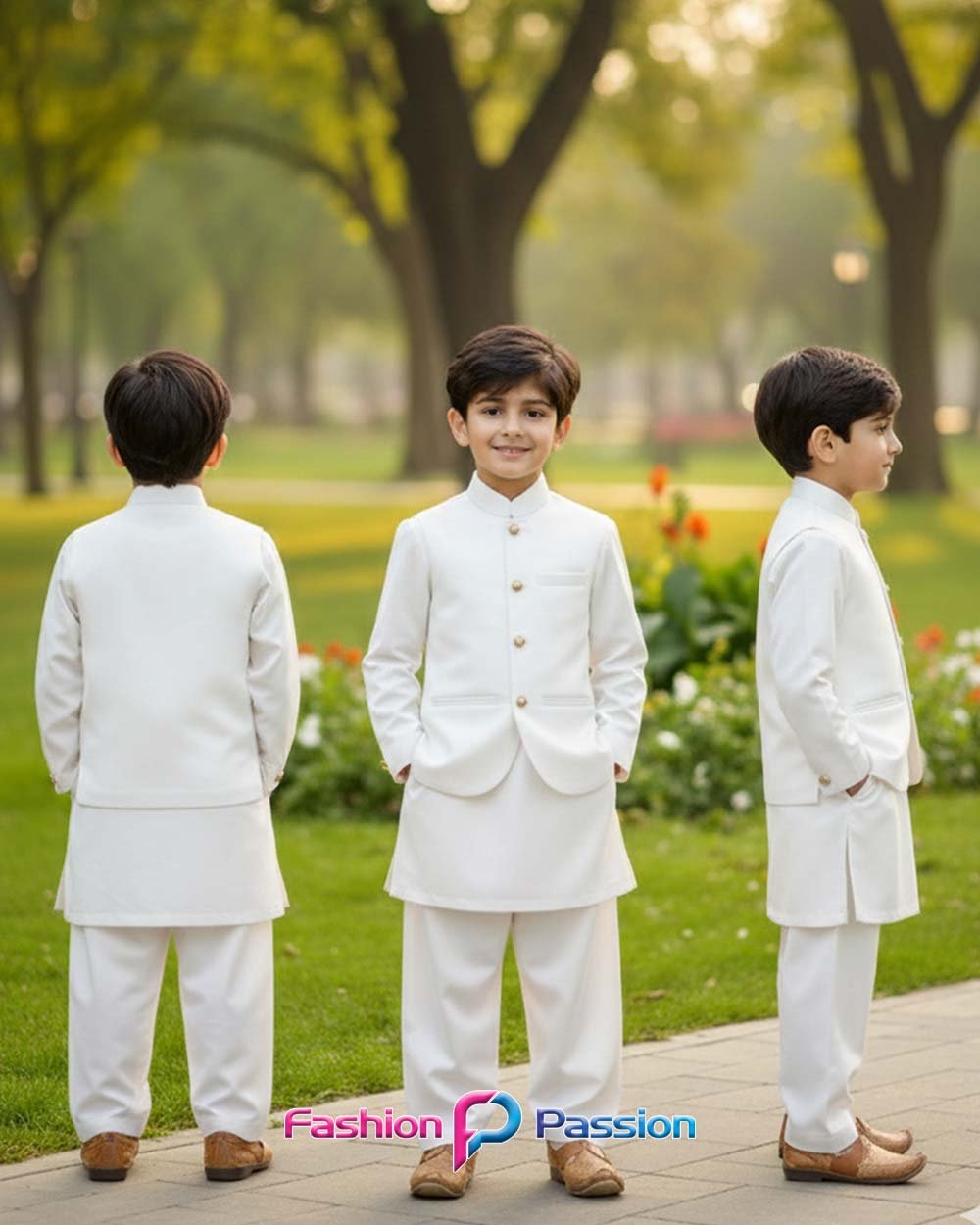 Kids Waistcoat Set White – front, side and back views