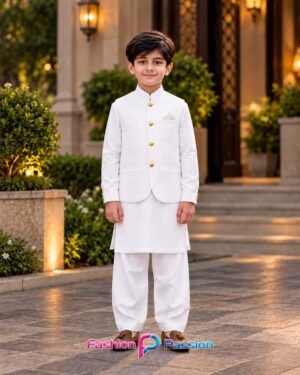 White Kids Waistcoat Set for Boys with Matching Kurta Shalwar and Golden Buttons – Full Front View