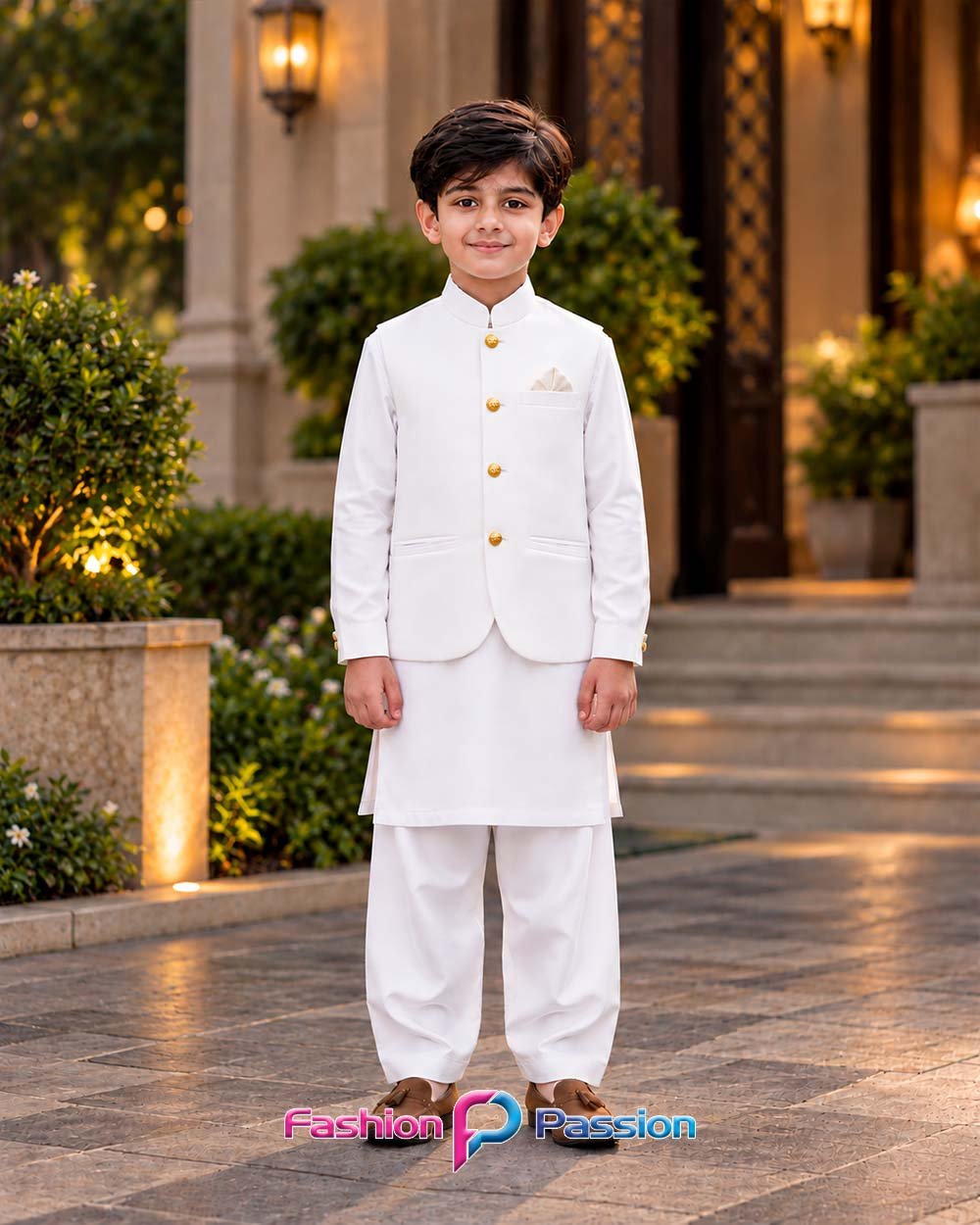 White Kids Waistcoat Set for Boys with Matching Kurta Shalwar and Golden Buttons – Full Front View