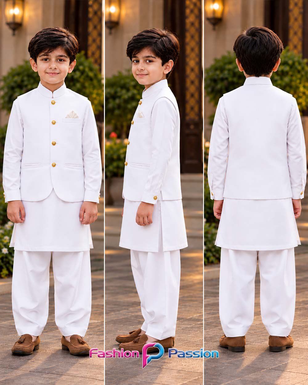 White Kids Waistcoat Set for Boys with Matching Kurta Shalwar and Golden Buttons – Front, Side and Back Views