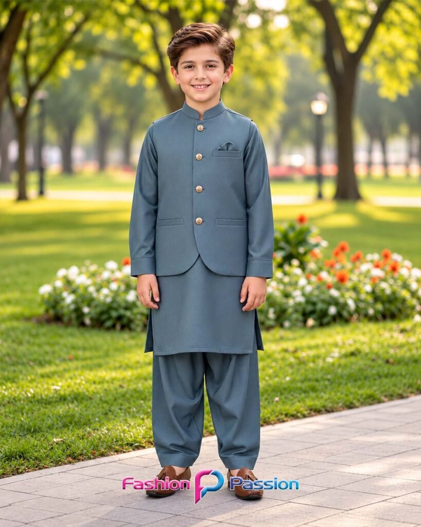 Blue Gray Kids Waistcoat Set for Boys with Matching Kurta Shalwar – Front View | Fashion Passion