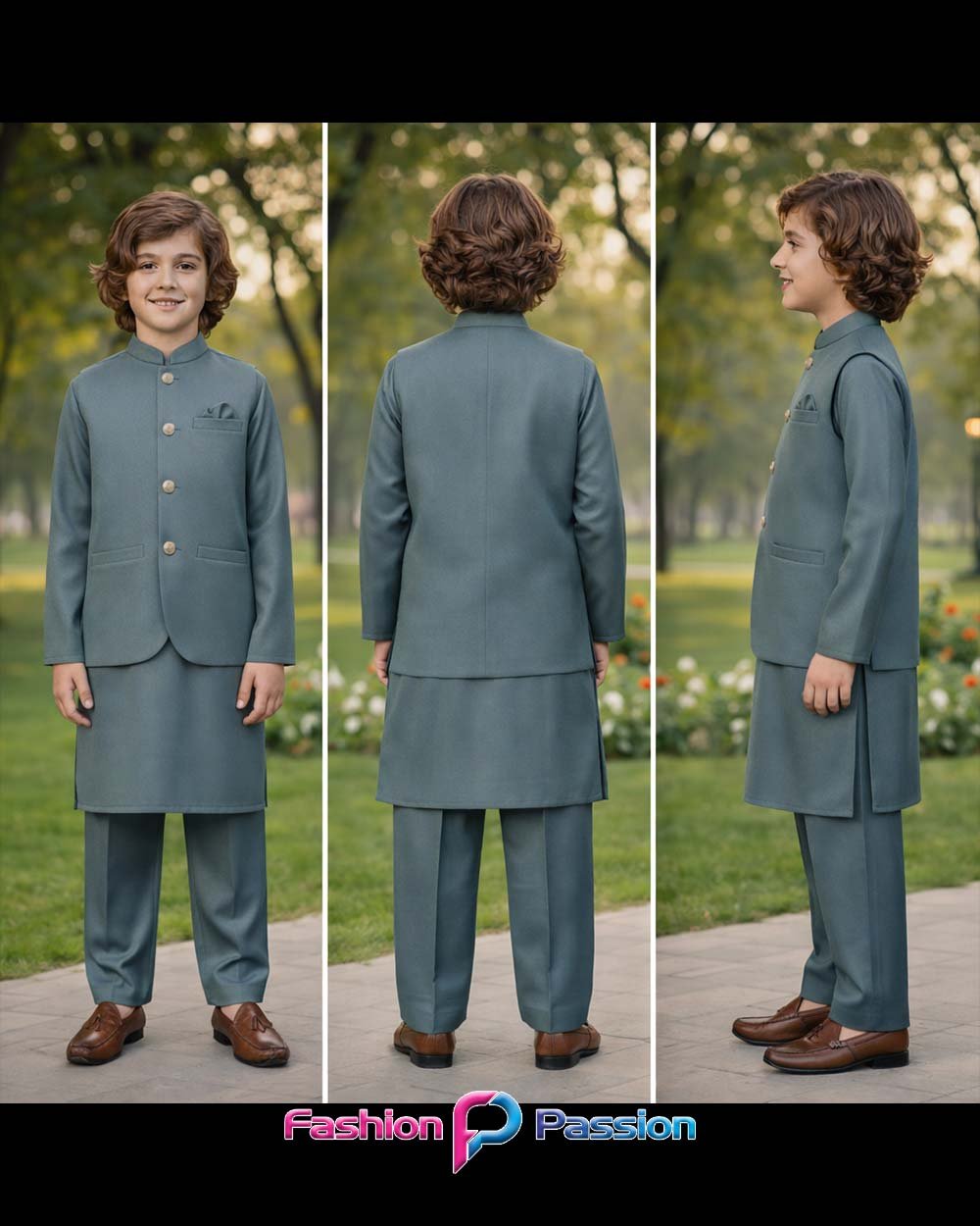 Kids Waistcoat Set Blue Gray – Front, Back and Side View for Boys