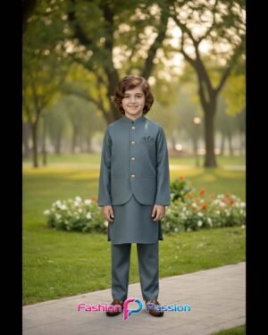 Kids Waistcoat Set Blue Gray Front View for Boys