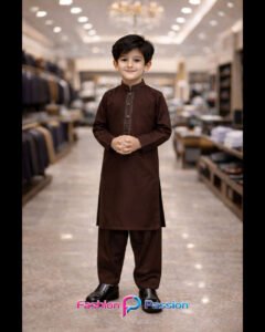 Kids Shalwar Kurta Chocolate Brown with embroidered collar and stylish traditional look for boys