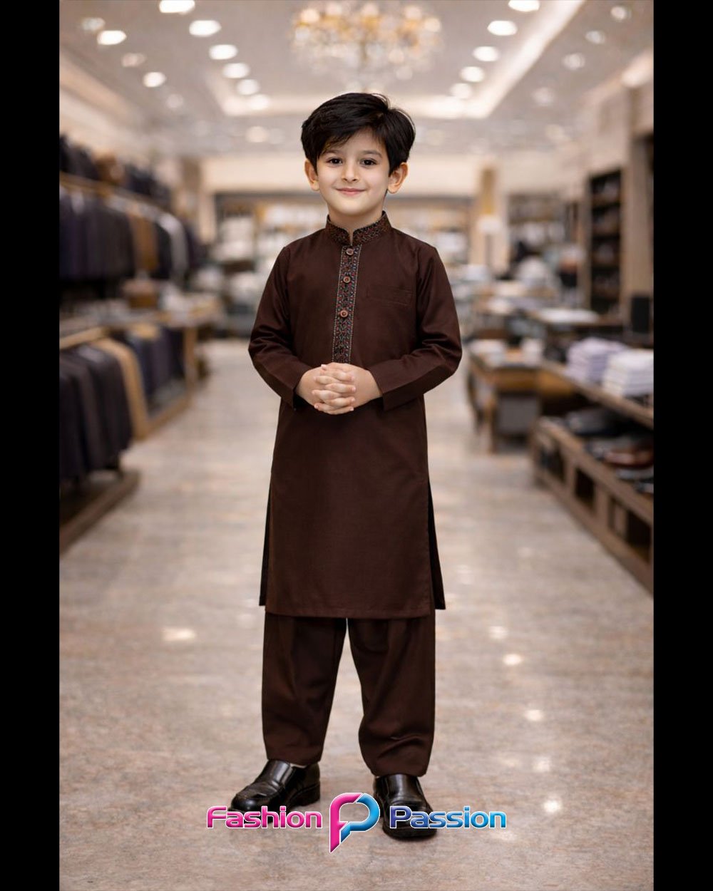 Kids Shalwar Kurta Chocolate Brown with embroidered collar and stylish traditional look for boys