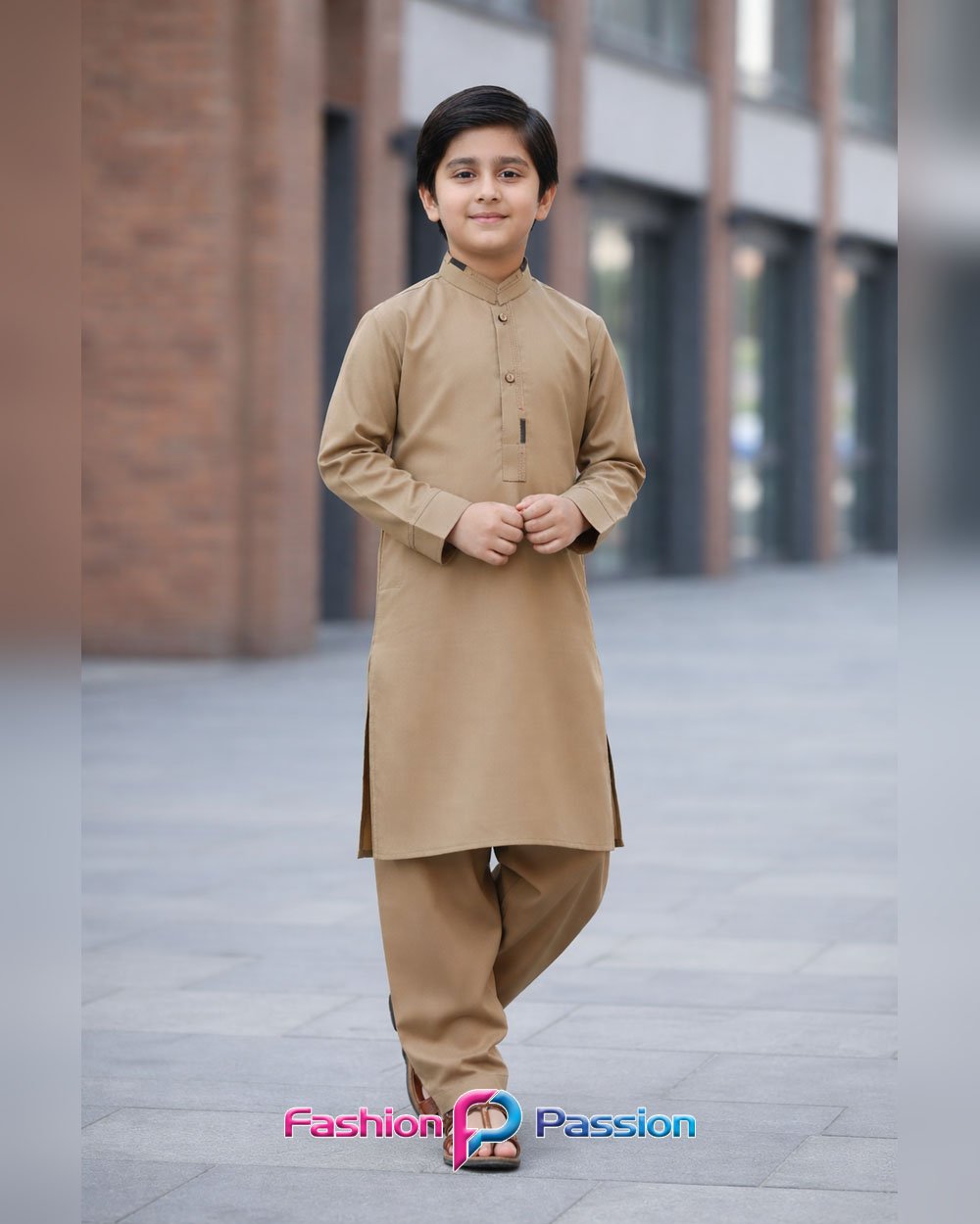 Kids Shalwar Kurta Classic Camel full length traditional outfit for boys