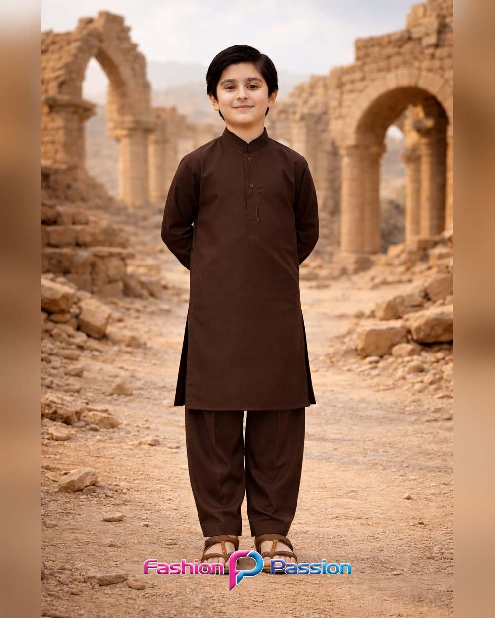 Kids Shalwar Kurta Cocoa Brown full length traditional outfit for boys
