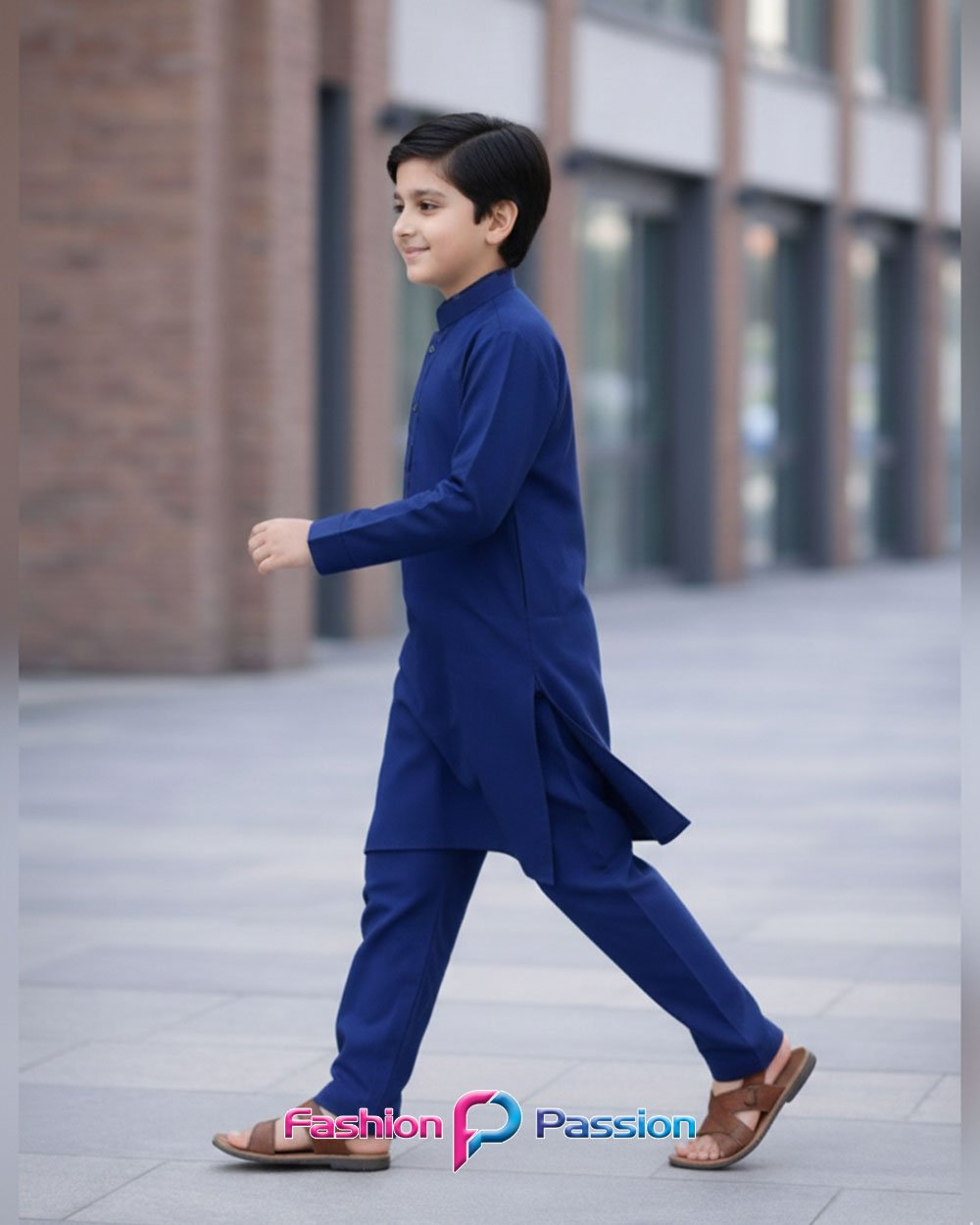 Side view of Kids Shalwar Kurta Imperial Blue by Fashion Passion β boys plain blue kurta pajama traditional outfit