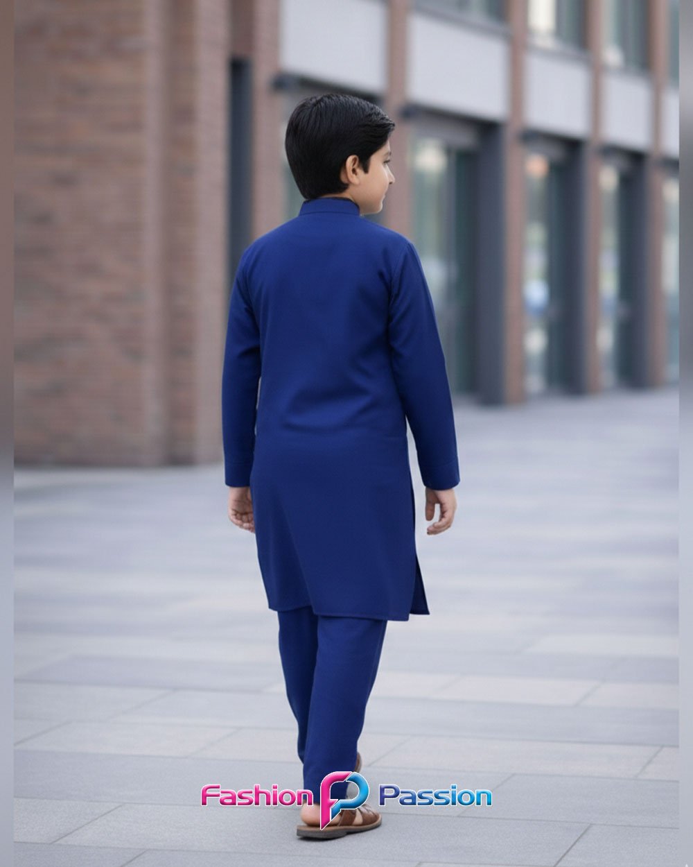 Back view of Kids Shalwar Kurta Imperial Blue by Fashion Passion β boys plain blue kurta pajama traditional outfit