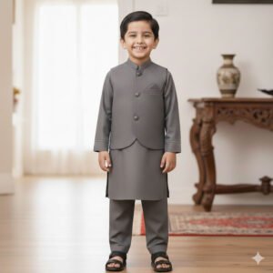 Kids Waistcoat Set Mink Gray traditional boys outfit with waistcoat front back and side view