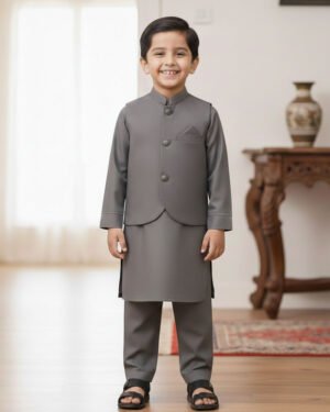Kids Waistcoat Set Mink Gray traditional boys outfit with waistcoat front back and side view