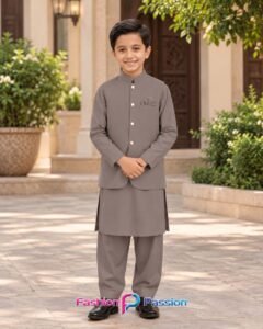 Mink Gray Kids Waistcoat Set for Boys with Matching Kurta Shalwar – Full Front View | Fashion Passion