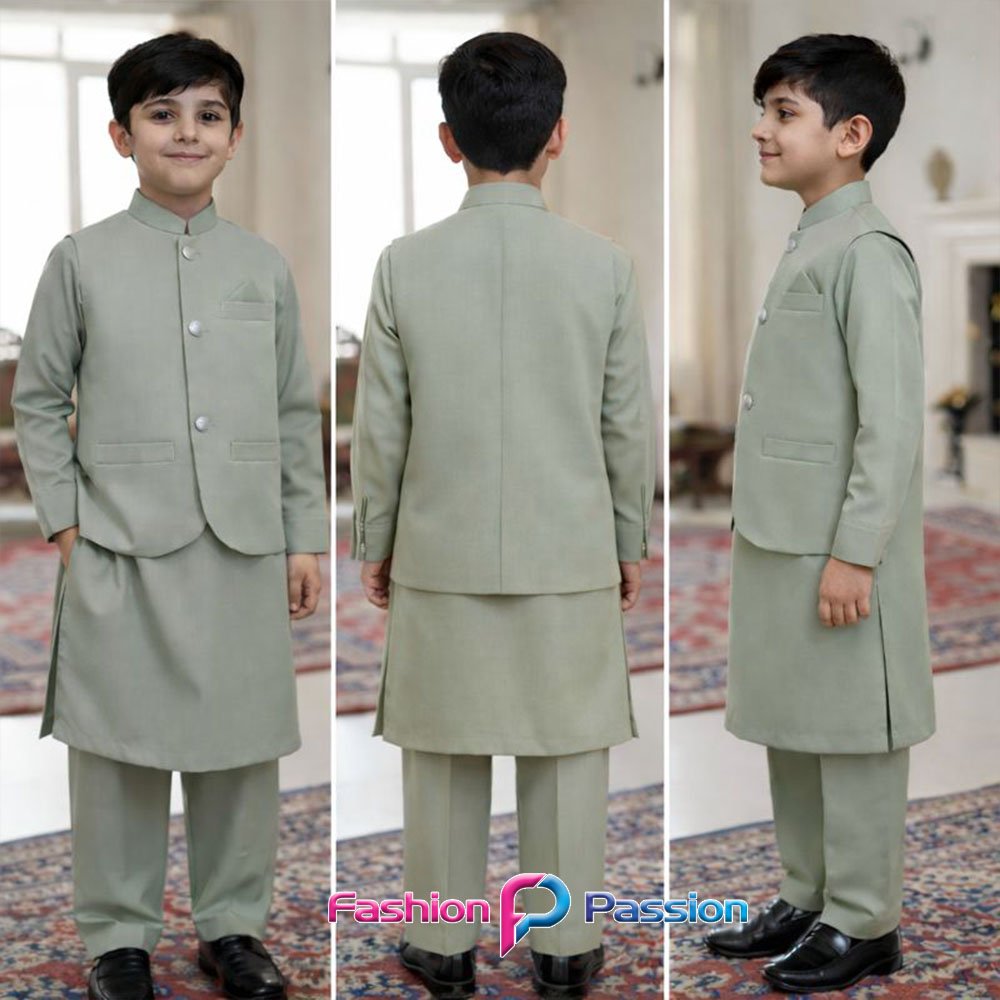 Kids Waistcoat Set Olive Green front back side views complete outfit