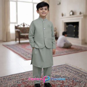 Kids Waistcoat Set Olive Green front view kurta shalwar outfit for boys