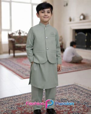 Kids Waistcoat Set Olive Green front view kurta shalwar outfit for boys