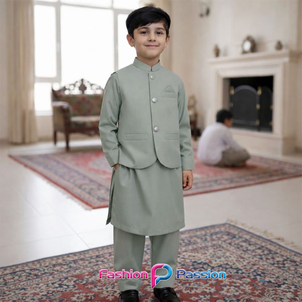 Kids Waistcoat Set Olive Green front view kurta shalwar outfit for boys