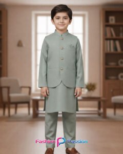 Kids Waistcoat Set Sage Green Front View for Boys