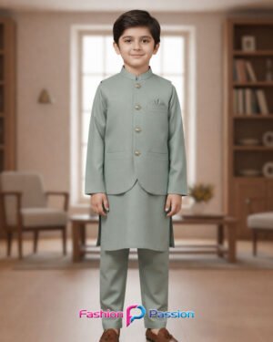 Kids Waistcoat Set Sage Green Front View for Boys