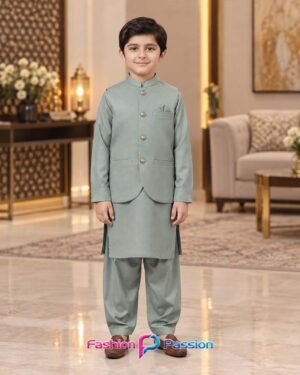 Sage Green Kids Waistcoat Set for Boys with Matching Kurta Shalwar – Full Front View | Fashion Passion