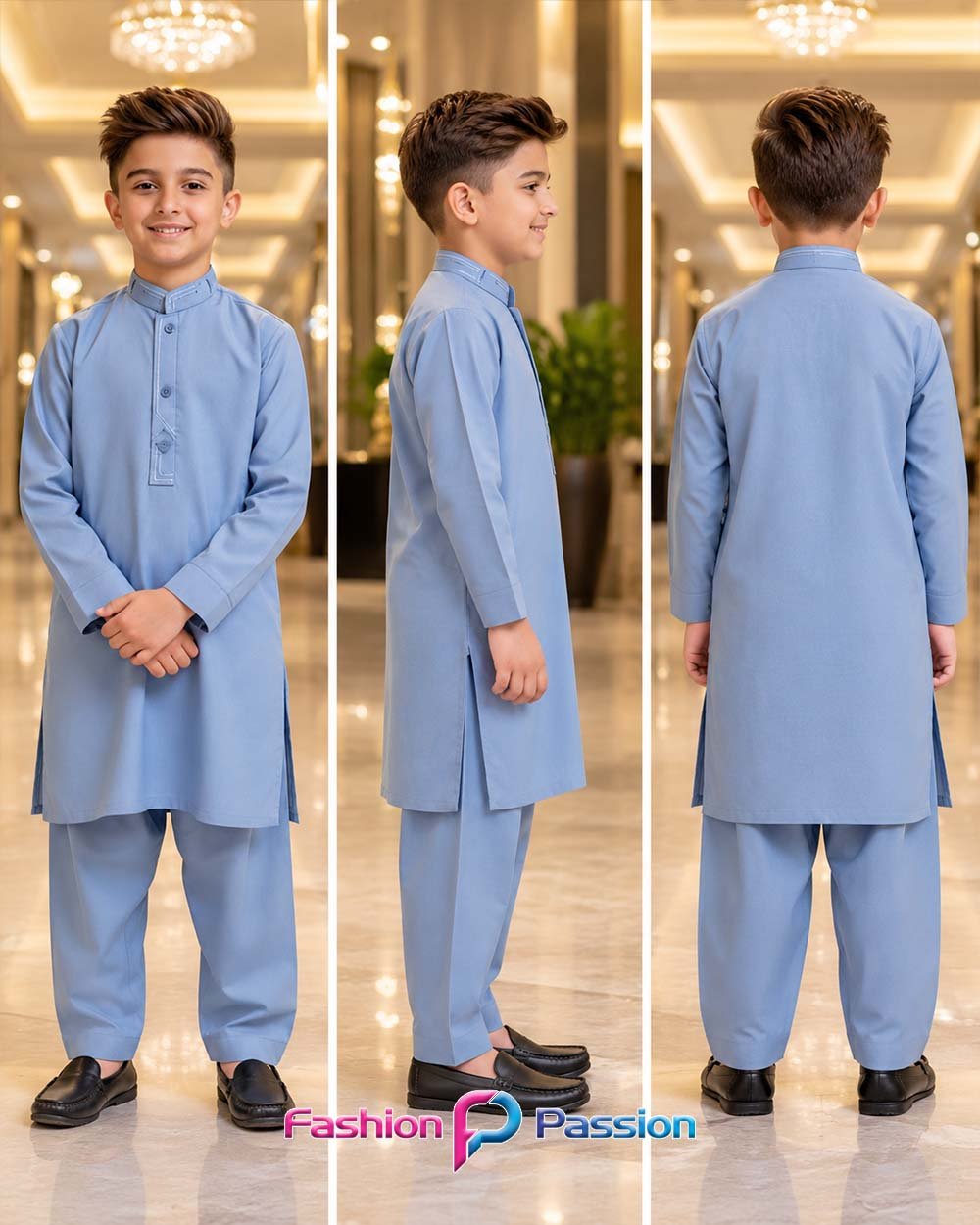 Steel Blue Kids Kurta Shalwar for Boys – Front, Side and Back Views | Fashion Passion