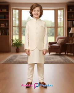 Kids Waistcoat Set Warm White – Front, Side & Back View for Boys