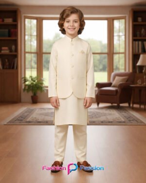 Kids Waistcoat Set Warm White – Front, Side & Back View for Boys