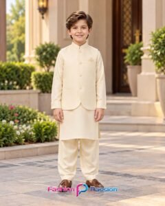 Warm White Kids Waistcoat Set for Boys with Matching Kurta Shalwar – Full Front View | Fashion Passion