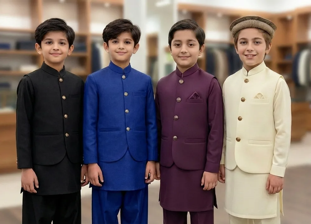 Four boys wearing premium kids waistcoat sets in black, blue, purple and cream